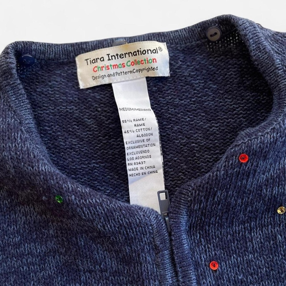 Vintage Tiara International Christmas Blue Knit Embroidered Reindeer Cardigan - Picture 2 of 7